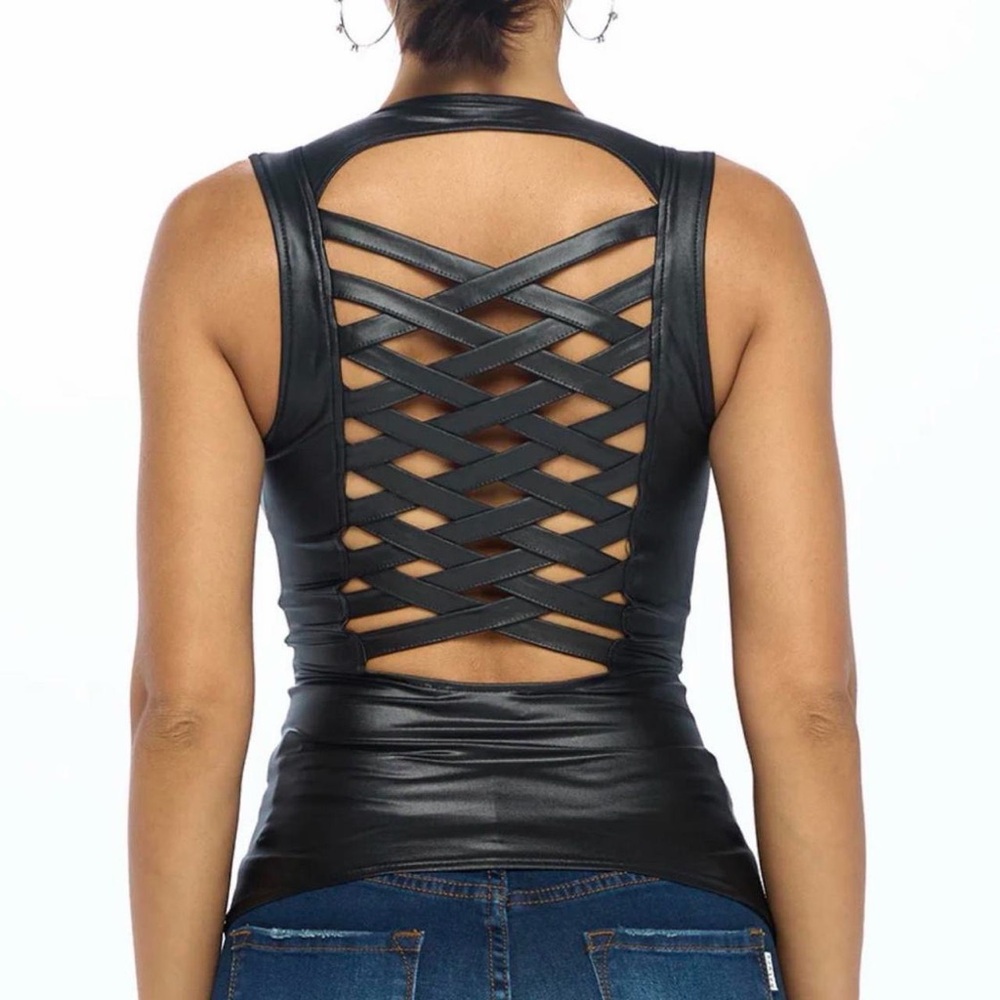 OHYES FASHION BLACK LACE UP DETAIL ZIP UP SLEEVELESS TOP - Picture 3 of 6